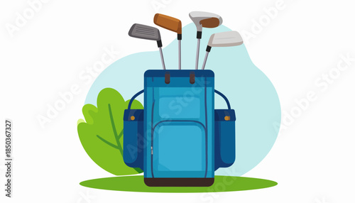 Golf bag with clubs and accessories on green grass.
