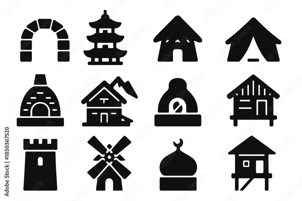 Obraz premium Traditional Architecture Icons. Solid style icons of Traditional Architecture: stone arch, wooden pagoda, thatched hut, desert
