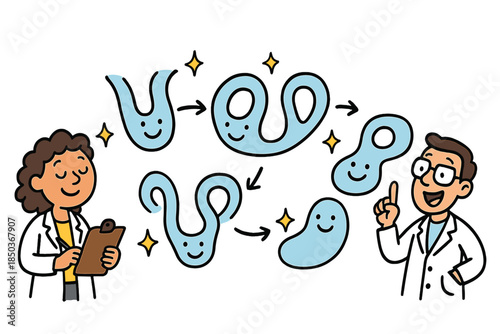 Happy River Predictions. Cheerful doodle river evolution prediction with happy hydrologists, cartoon diagrams with faces, smiling