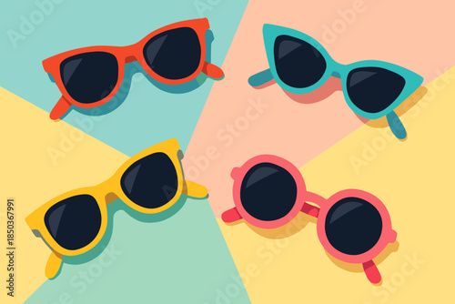 Vibrant Sunglasses Display. Flat lay of vibrant sunglasses on a pastel background, modern and playful design, dynamic composition,