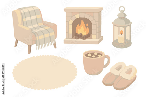 Winter Comfort Elements. Isometric vector illustration set of Winter Comfort Scene: wool throw on armchair, burning fire logs,