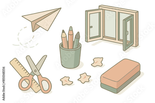 Classroom Wind Games. Isometric vector illustration set of Classroom Wind Games: paper airplane in flight, open window, ruler and