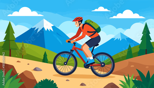 Man Riding Mountain Bike on Dirt Trail with Mountains in Background.