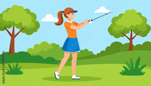 Woman golfer in action on a green golf course with trees and blue sky.