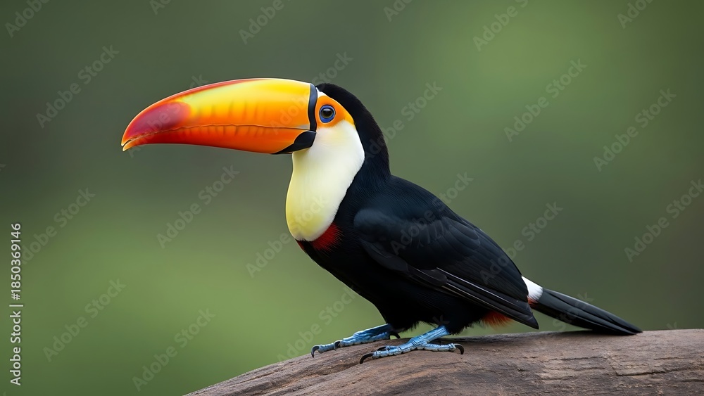 Obraz premium Toucan perched on a log in a lush green rainforest, vibrant colors and large beak