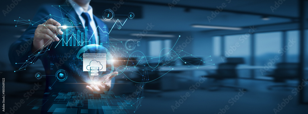 Fototapeta premium Businessman hand hold global web hosting network and data, server infrastructure, website storage services, cloud hosting technology