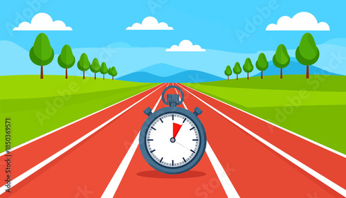 Stopwatch on an athletic running track in a vibrant outdoor landscape, symbolizing speed, time, race, and competition concept