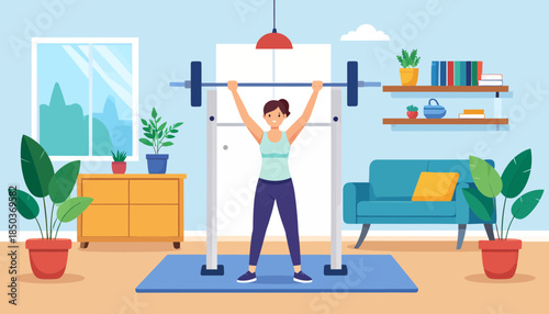 Woman lifting barbell in home gym. Fitness workout, strength training, healthy lifestyle in modern living room illustration.