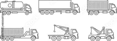 Set of various truck types in outline style, including tanker, cargo, container, crane, and tow trucks.