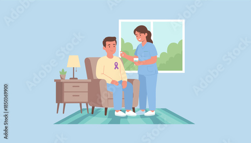 Nurse gives medication to a male patient with a purple awareness ribbon in a supportive home setting