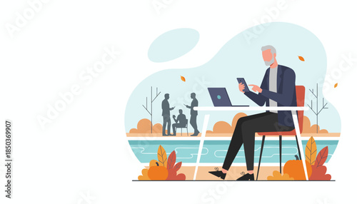 Senior businessman using smartphone and laptop for remote work outdoors in an autumn park setting