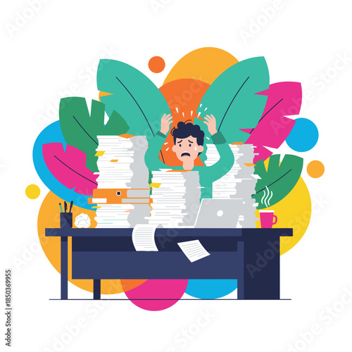 Stressed businessman overwhelmed by huge piles of paperwork and deadlines