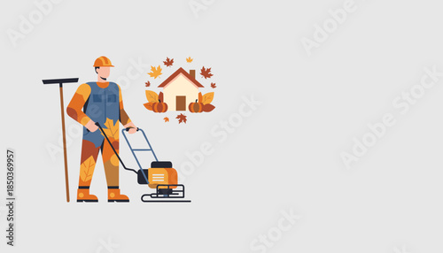 Yard service worker cleaning fall leaves outside a home Seasonal maintenance vector graphic