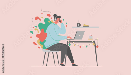 Remote worker handles customer calls on laptop in a festive home office setting