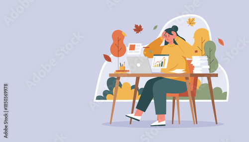 Stressed woman dealing with work pressure and deadlines at her autumnthemed desk Burnout concept