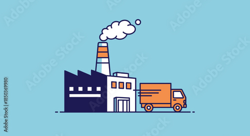 Industrial building smokestack and delivery truck Manufacturing distribution and logistics supply chain vector