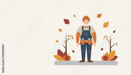 Fall maintenance worker ready for seasonal tasks featuring pumpkins and autumn leaves