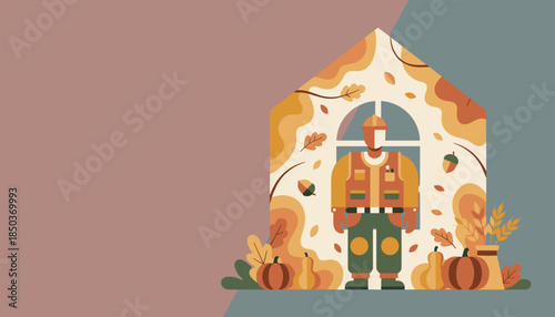 Construction worker illustration in a fall setting with pumpkins and leaves symbolizing housing and season