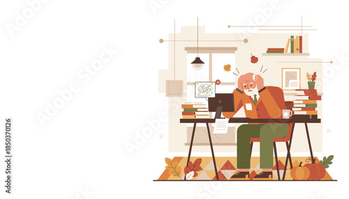 Senior man stressed by work overload and professional burnout at a cluttered office desk