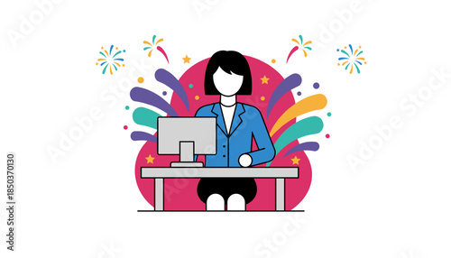 Businesswoman celebrating success at her desk with colorful abstract fireworks background