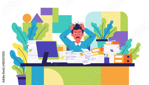 Overwhelmed office worker stressed by excessive paperwork and workload Burnout and deadline pressure concept