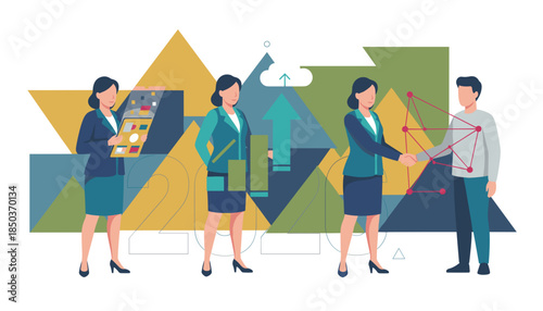 Business team analyzes data networks and drives future growth with modern technology illustration