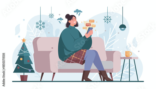 Stressed woman checking bad messages on her phone during winter holidays near a Christmas tree