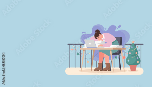Overworked employee asleep on documents at her remote desk during the stressful holiday season