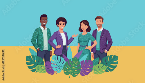Diverse smiling business team illustration with trendy tropical leaves Teamwork growth and collaboration
