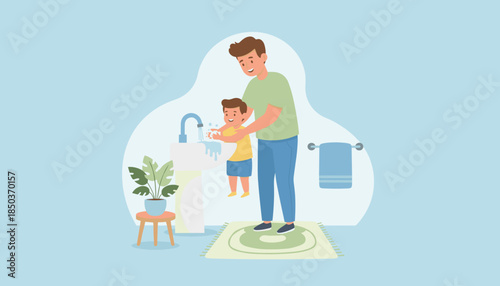 Happy father teaching his young son healthy handwashing routine at the bathroom sink Hygiene and parenting