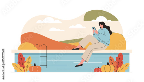 Woman uses phone by the pool in autumn landscape relaxing and connected vector illustration