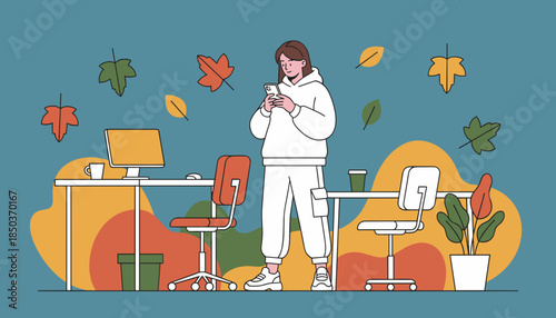 A woman texts on her phone in a cozy autumn office workspace Remote work concept