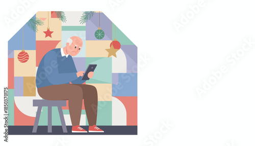 Lonely senior man sadly using smartphone during Christmas holidays digital isolation