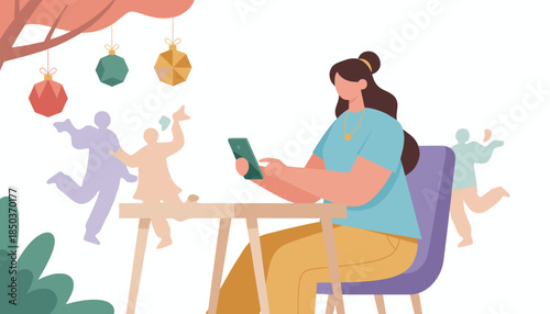 Woman checking phone at an outdoor festive table with decorations illustrating social media use or digital communication