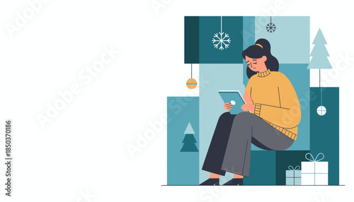 Lonely woman with seasonal depression using a tablet during the sad winter holidays