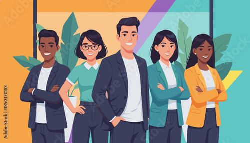 Confident diverse business team illustration Professional teamwork staff and corporate success