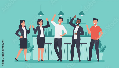 Diverse professional colleagues celebrating success at a bar Happy team waving during a corporate party