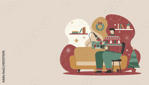 Man in holiday sweater soldering circuit board working on a festive electronics hobby project at home