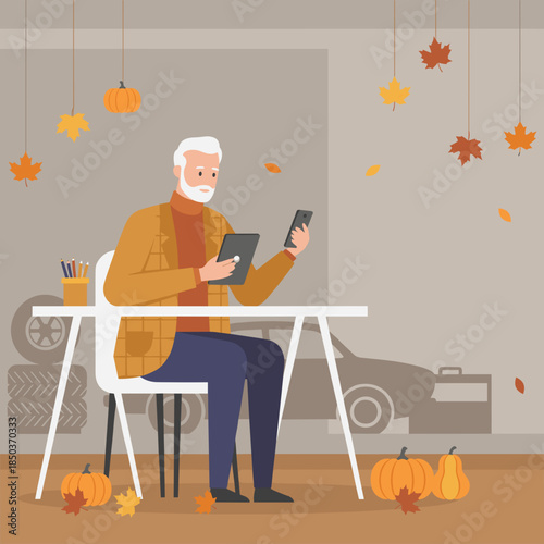 Mature man using digital tablet and smartphone in an autumnthemed garage for remote work or hobbies