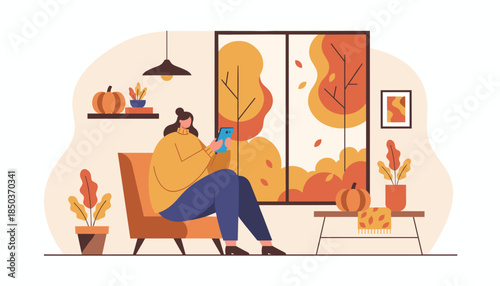 Cozy fall setting Woman using phone in armchair watching colorful autumn trees through the large window