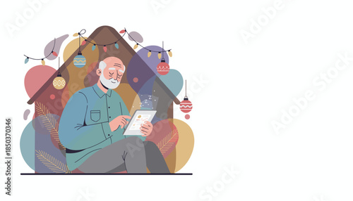 Happy senior man using a tablet to monitor healthsleep metrics under festive home decorations