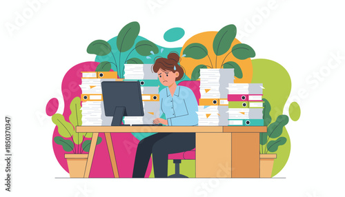 Overworked employee stressed by immense piles of paperwork and tight deadlines in the busy office