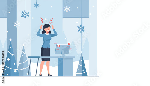 Businesswoman overwhelmed by work errors and holiday pressure in the office