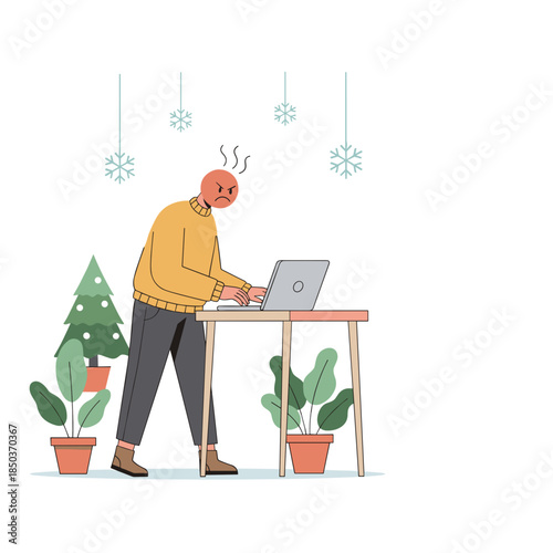 Holiday work stress Angry employee typing rapidly on a computer