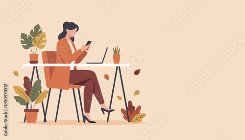 Woman using smartphone at her desk with laptop and indoor plants Business communication and remote work illustration