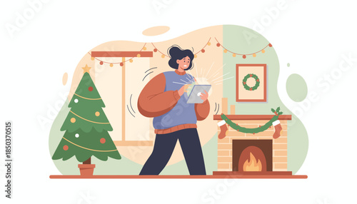 Cozy holiday scene Person uses a luminous tablet near a fireplace and decorated Christmas tree