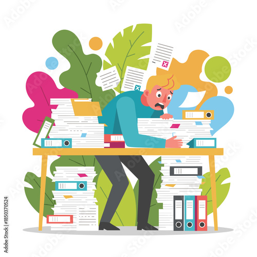 Stressed worker overwhelmed by huge stacks of documents and bureaucracy