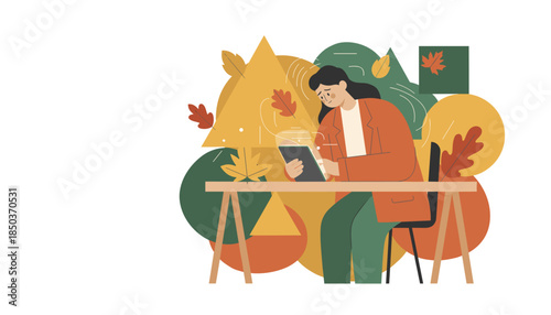Young woman works on a tablet during autumn representing seasonal business or online learning