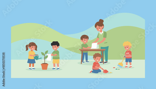 Kindergarten children learning responsibility and teamwork with their teacher caring for a plant and cleaning up