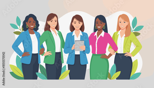 Diverse professional women team smiling confidently symbolizing business leadership and technology